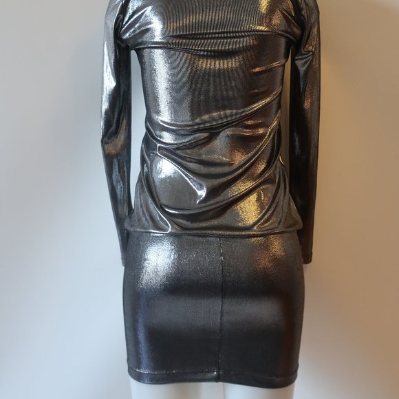 Womens RN CONVERTIBLE Pewter Metallic Long Sleeve Bodycon Mini Dress P US/XS * - Picture 10 of 13